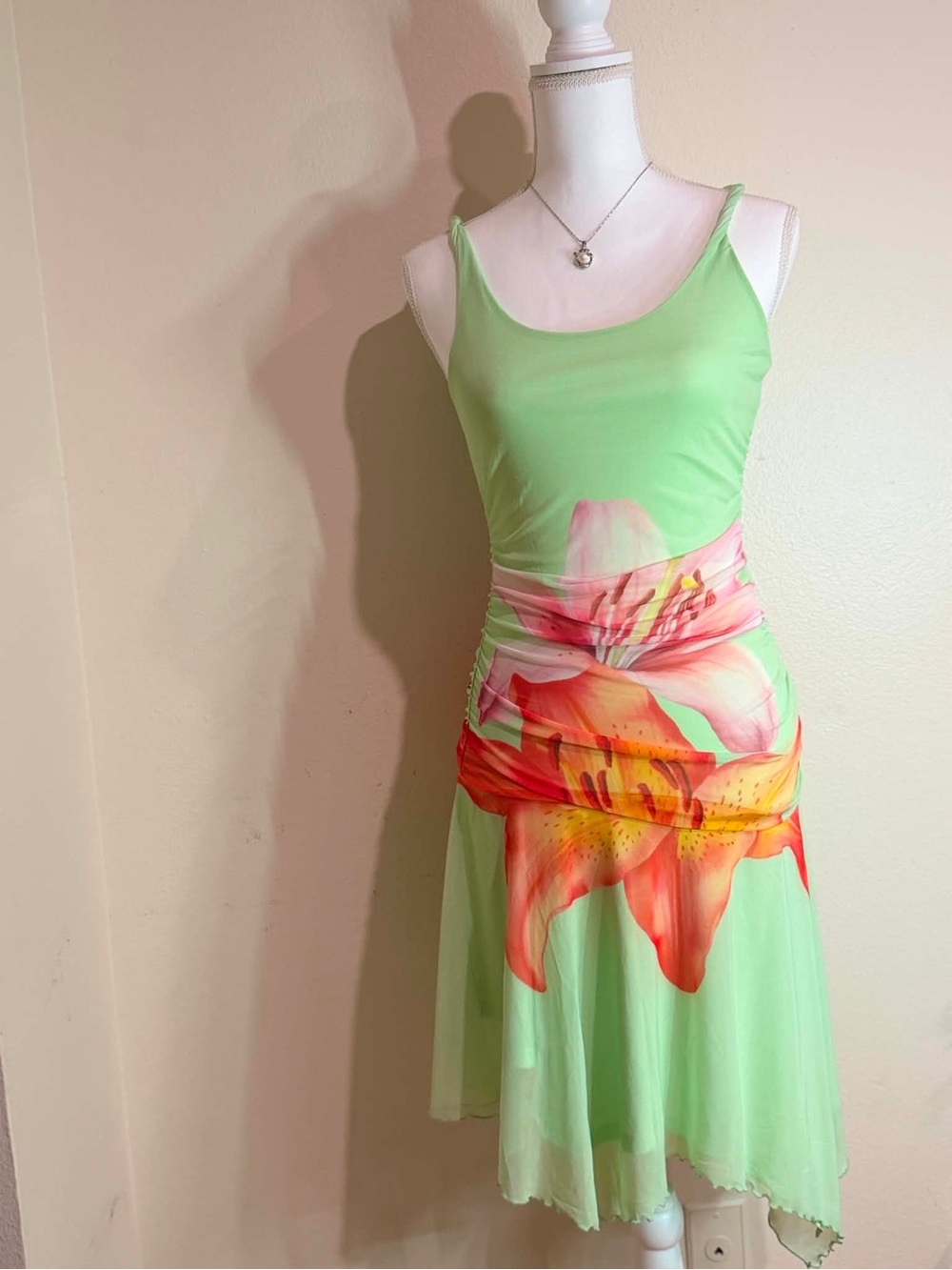 Light Green Midi Slip Dress with Pink-Orange Lily Print